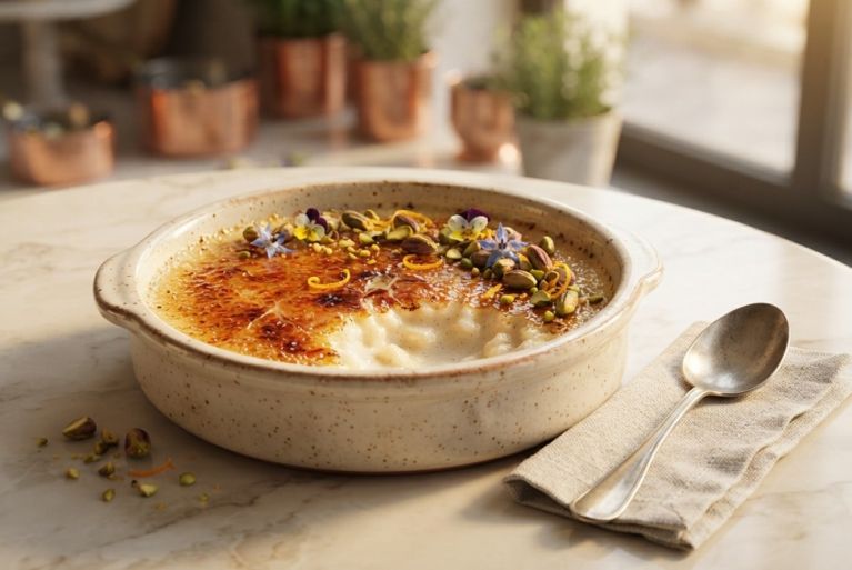 Arroz con leche brûlée de vainilla, naranja y pistacho
